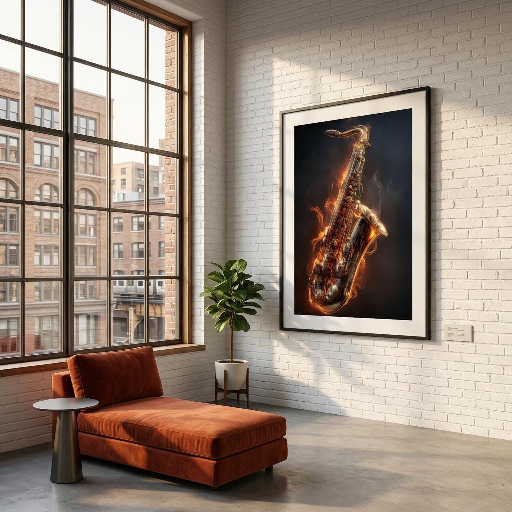 Igniting Brass - Saxophone Aluminum Print | Fire & Music Wall Art | Modern Industrial Decor | Gift for Musician