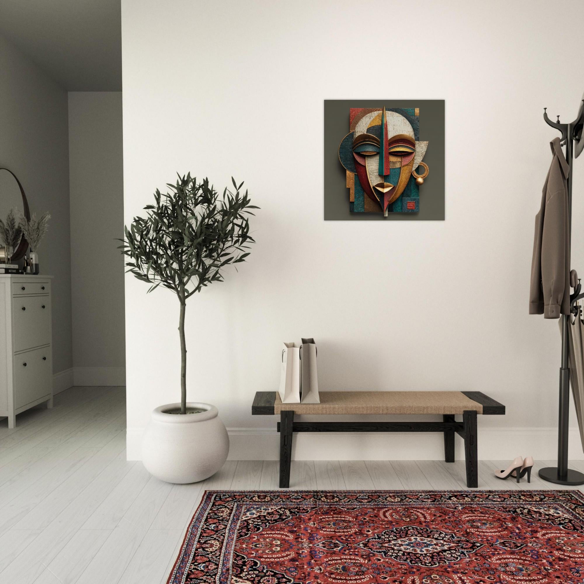 Ayo Rise Aluminum Print - Modern Yoruba Mask Wall Art, Minimalist African Decor, Joyful Spiritual Home Decor, Metallic Geometric Art Piece