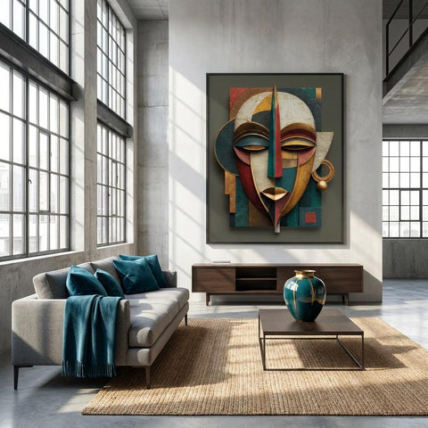 Ayo Rise Aluminum Print - Modern Yoruba Mask Wall Art, Minimalist African Decor, Joyful Spiritual Home Decor, Metallic Geometric Art Piece