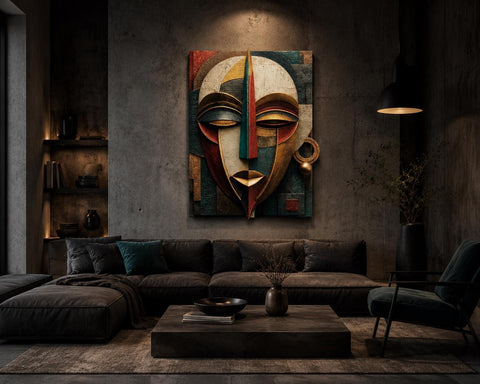 Ayo Rise Aluminum Print - Modern Yoruba Mask Wall Art, Minimalist African Decor, Joyful Spiritual Home Decor, Metallic Geometric Art Piece