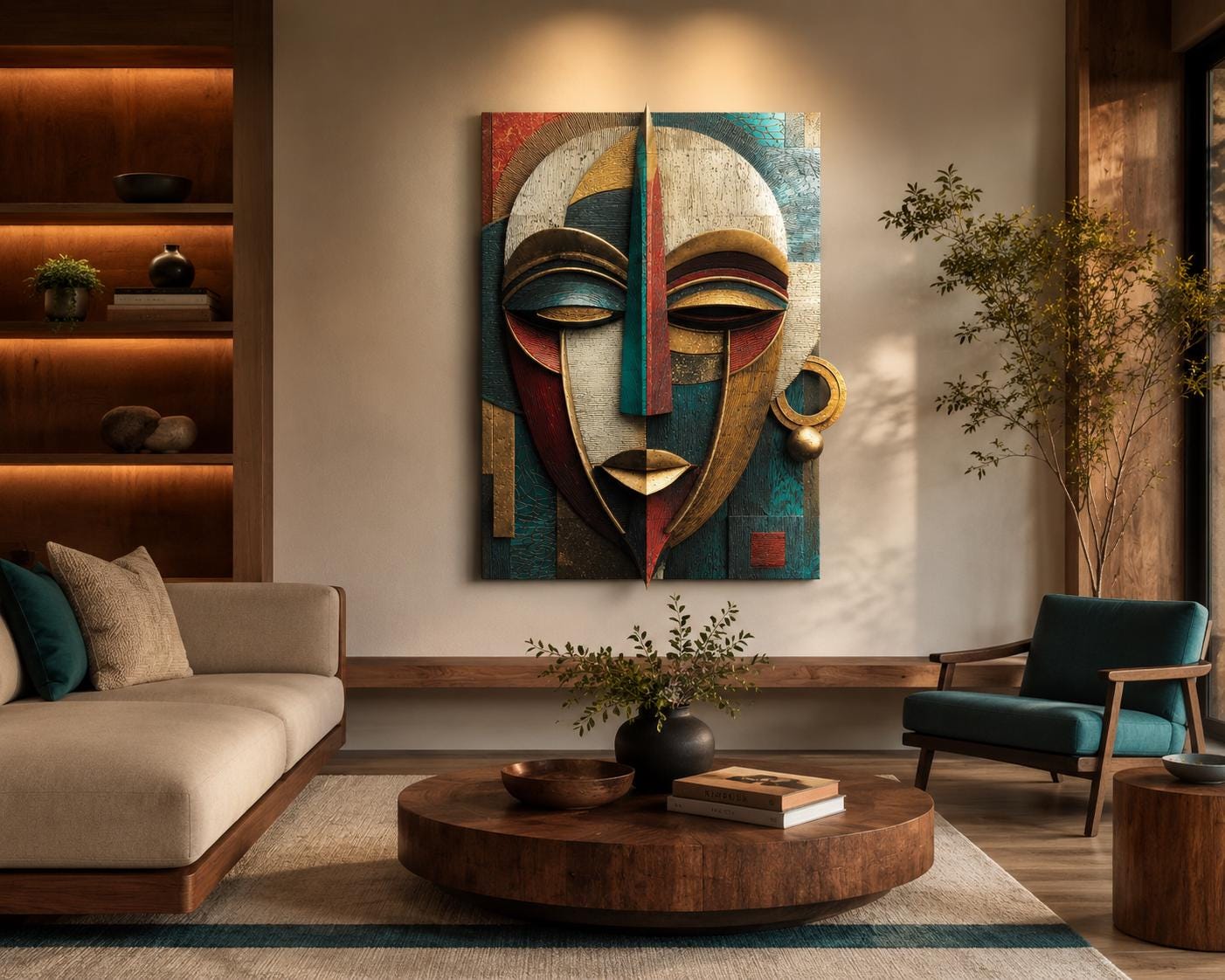 Ayo Rise Aluminum Print - Modern Yoruba Mask Wall Art, Minimalist African Decor, Joyful Spiritual Home Decor, Metallic Geometric Art Piece