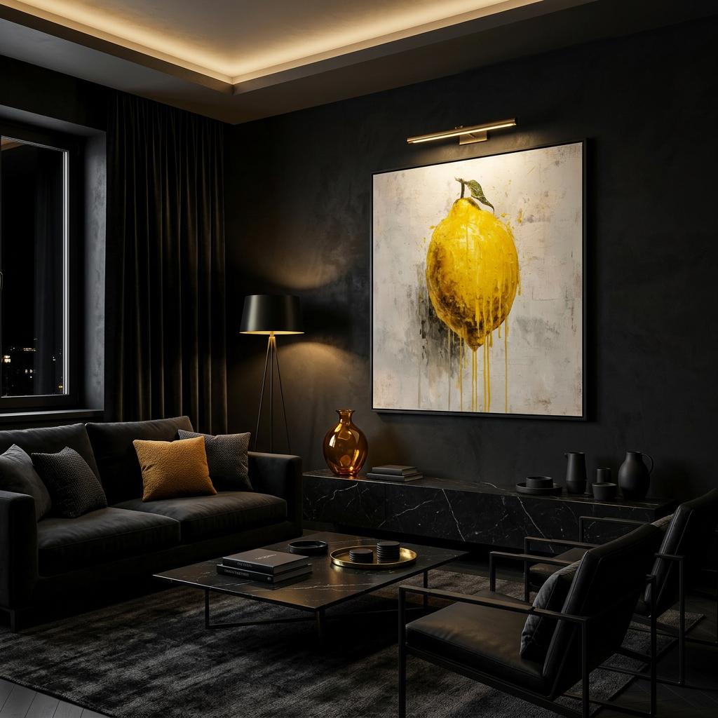 Industrial Orchard: Citrus Lemon Drip Art on Aluminum Print - Modern Kitchen Art, Contemporary Fresh Fruit Print, Brushed Silver Metal Art