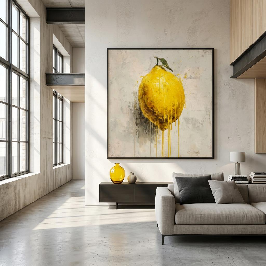 Industrial Orchard: Citrus Lemon Drip Art on Aluminum Print - Modern Kitchen Art, Contemporary Fresh Fruit Print, Brushed Silver Metal Art
