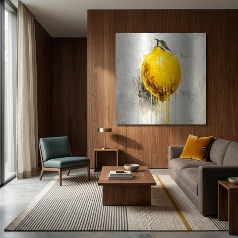 Industrial Orchard: Citrus Lemon Drip Art on Aluminum Print - Modern Kitchen Art, Contemporary Fresh Fruit Print, Brushed Silver Metal Art