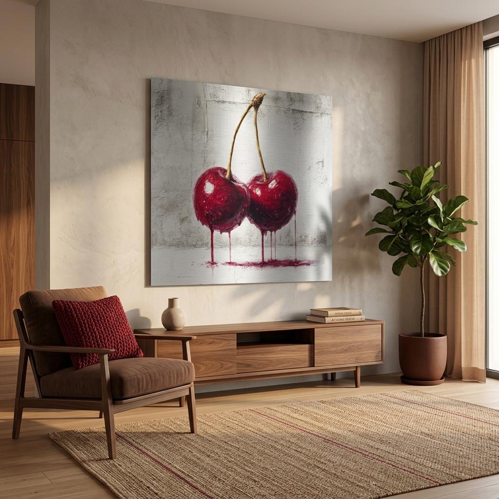 Industrial Orchard: Red Cherry Drip Art on Aluminum | Modern Fruit Art | Brushed Silver Metal Wall Decor | Contemporary Kitchen Art