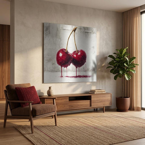 Industrial Orchard: Red Cherry Drip Art on Aluminum | Modern Fruit Art | Brushed Silver Metal Wall Decor | Contemporary Kitchen Art