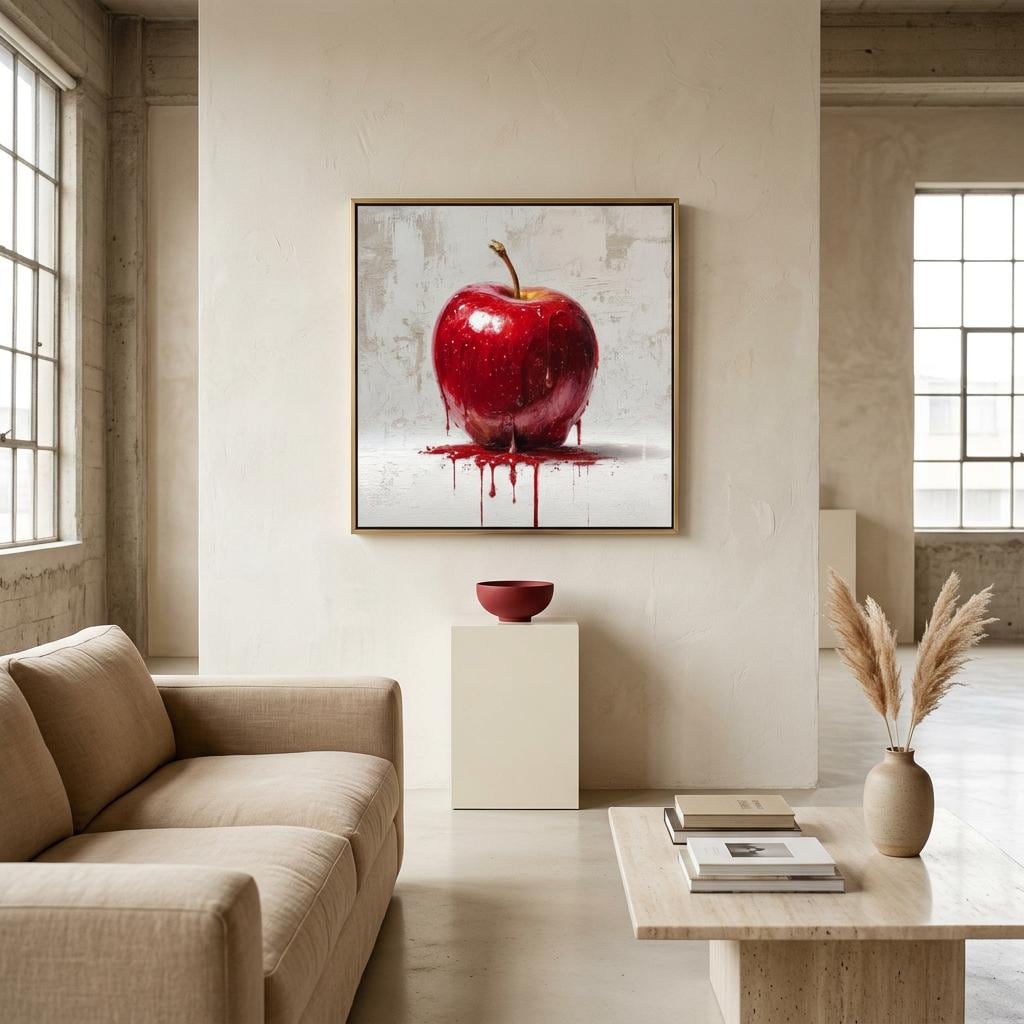 Industrial Orchard: Red Apple Drip on Brushed Aluminum Print - Bold Statement Art for Kitchens & Lofts | Gallery-Ready Wall Decor