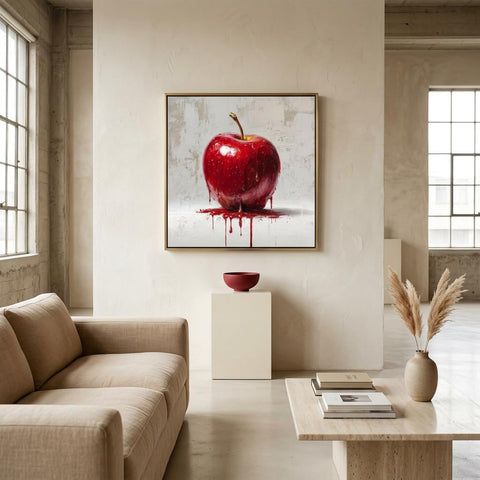 Industrial Orchard: Red Apple Drip on Brushed Aluminum Print - Bold Statement Art for Kitchens & Lofts | Gallery-Ready Wall Decor