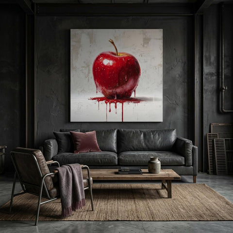 Industrial Orchard: Red Apple Drip on Brushed Aluminum Print - Bold Statement Art for Kitchens & Lofts | Gallery-Ready Wall Decor