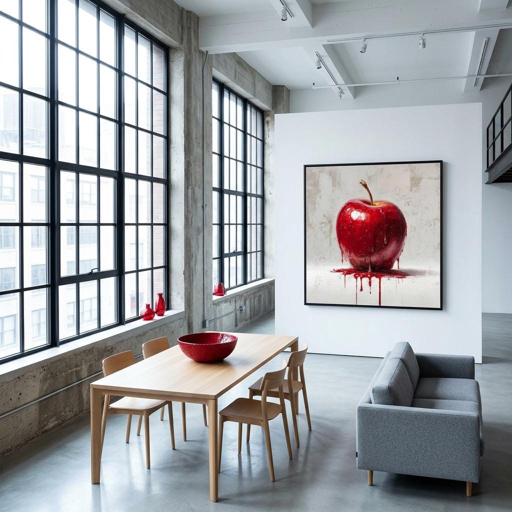 Industrial Orchard: Red Apple Drip on Brushed Aluminum Print - Bold Statement Art for Kitchens & Lofts | Gallery-Ready Wall Decor