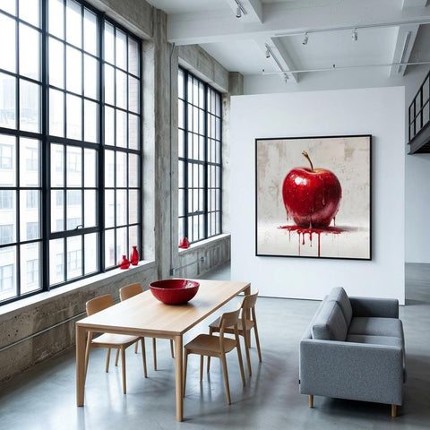 Industrial Orchard: Red Apple Drip on Brushed Aluminum Print - Bold Statement Art for Kitchens & Lofts | Gallery-Ready Wall Decor