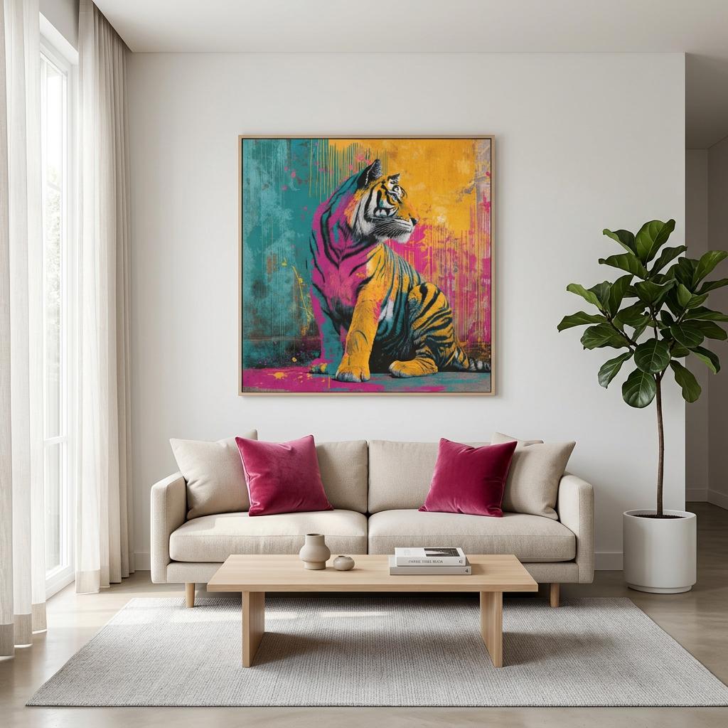 Poised — Neon Graffiti Tiger on Brushed Aluminum | Vibrant Graffiti Tiger Art | Industrial Chic Home Decor