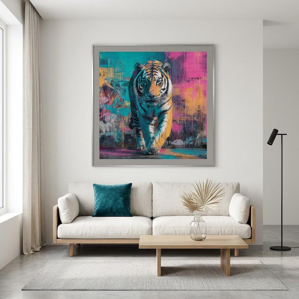 Advancing — Neon Graffiti Tiger on Brushed Aluminum | Brushed Metal Wall Art | Modern Home Decor