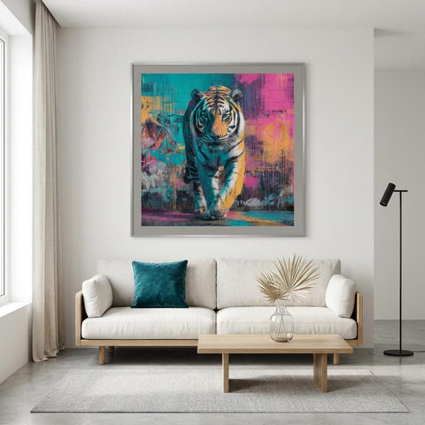 Advancing — Neon Graffiti Tiger on Brushed Aluminum | Brushed Metal Wall Art | Modern Home Decor