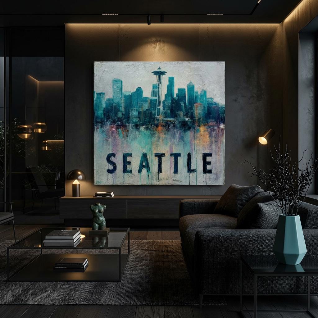 Seattle Aluminum Print | Moody Pacific Northwest Cityscape Art | Urban Pulse Collection Textured Industrial Wall Decor | Modern Home Art