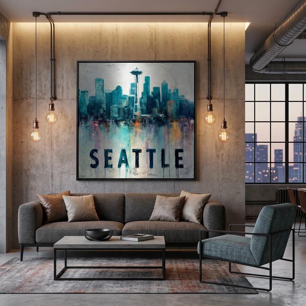 Seattle Aluminum Print | Moody Pacific Northwest Cityscape Art | Urban Pulse Collection Textured Industrial Wall Decor | Modern Home Art