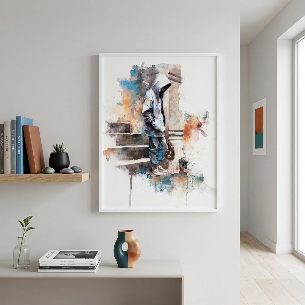 Arrival - Skateboarder on Brushed Aluminum Print | Urban Watercolor Art | Modern Home Decor Gift