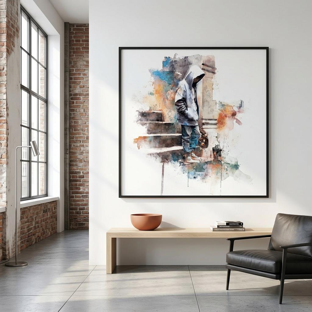 Arrival - Skateboarder on Brushed Aluminum Print | Urban Watercolor Art | Modern Home Decor Gift
