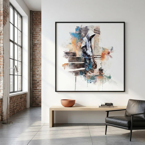 Arrival - Skateboarder on Brushed Aluminum Print | Urban Watercolor Art | Modern Home Decor Gift