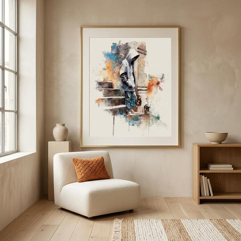 Arrival - Skateboarder on Brushed Aluminum Print | Urban Watercolor Art | Modern Home Decor Gift