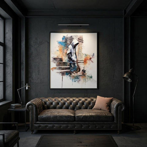 Arrival - Skateboarder on Brushed Aluminum Print | Urban Watercolor Art | Modern Home Decor Gift