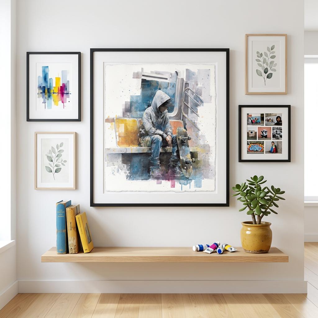 Stillness - Subway Rider Skateboarder Urban Art Brushed Aluminum Print - Subway Rider Skateboarder - Modern Minimalist Home Decor Gift
