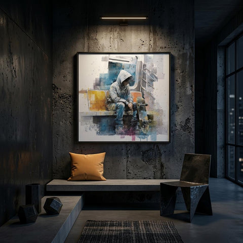 Stillness - Subway Rider Skateboarder Urban Art Brushed Aluminum Print - Subway Rider Skateboarder - Modern Minimalist Home Decor Gift