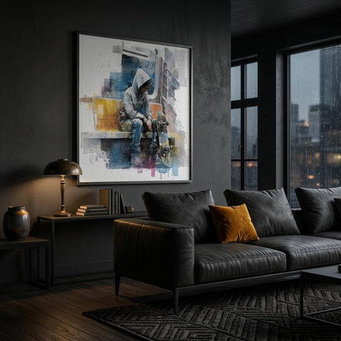 Stillness - Subway Rider Skateboarder Urban Art Brushed Aluminum Print - Subway Rider Skateboarder - Modern Minimalist Home Decor Gift