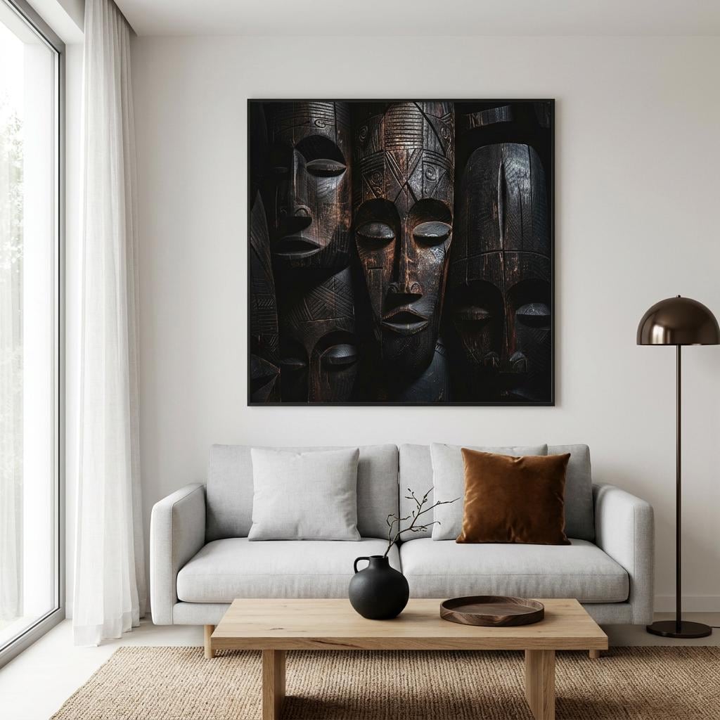 Carved Wooden Masks Aluminum Print | Textured Cultural Art | Global Art Collection Vibe | Modern Home Decor Gift