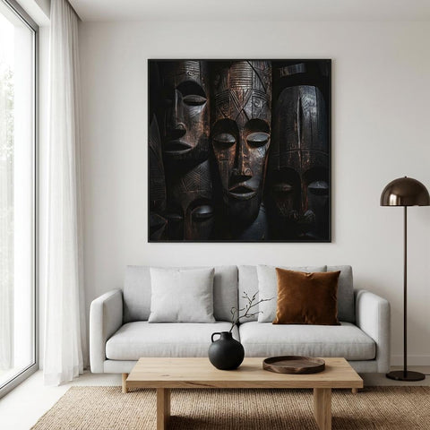 Carved Wooden Masks Aluminum Print | Textured Cultural Art | Global Art Collection Vibe | Modern Home Decor Gift