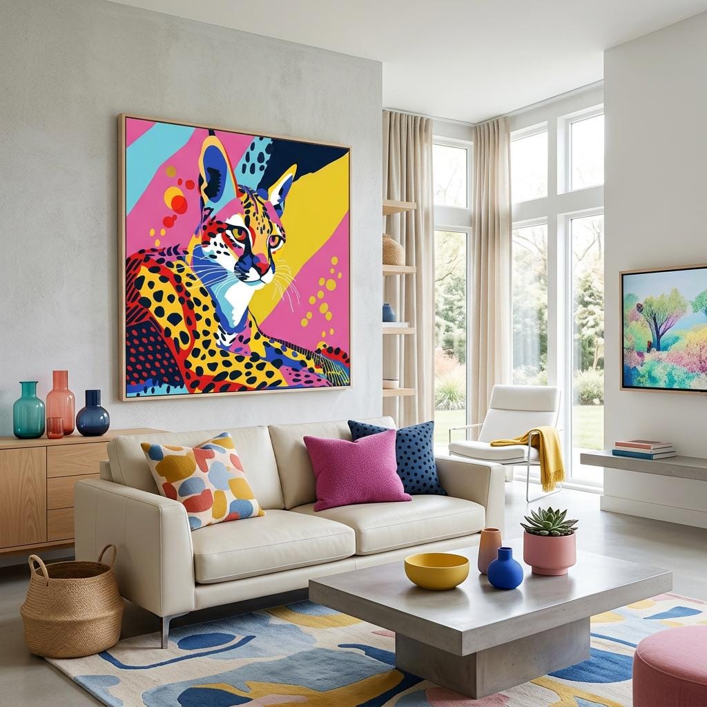 Serengeti Serval Afro-Pop Art Aluminum Print | Neon Wildlife Geometric Animal | Modern African Decor Gift | Unique Wall Art