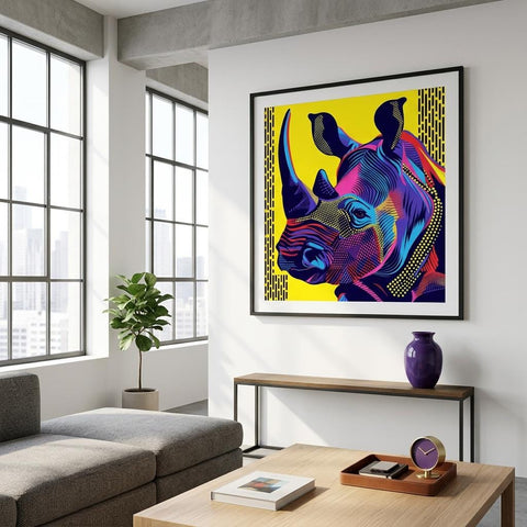 Serengeti Black Rhino Afro-Pop Art Aluminum Print | Bold Neon Wildlife | Modern African Decor Gift | Unique Metallic Wall Art