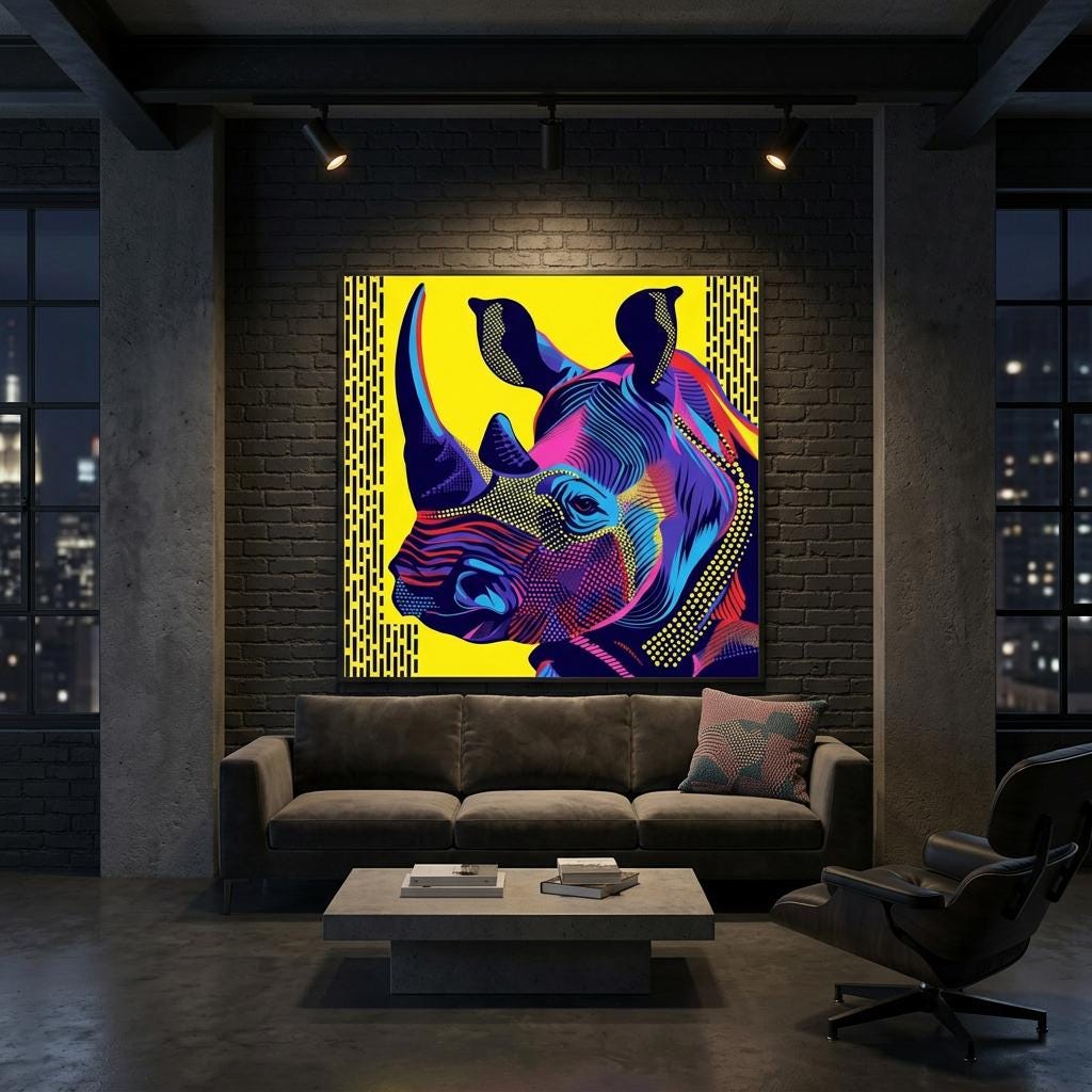Serengeti Black Rhino Afro-Pop Art Aluminum Print | Bold Neon Wildlife | Modern African Decor Gift | Unique Metallic Wall Art