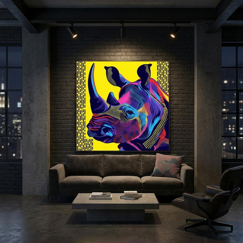 Serengeti Black Rhino Afro-Pop Art Aluminum Print | Bold Neon Wildlife | Modern African Decor Gift | Unique Metallic Wall Art
