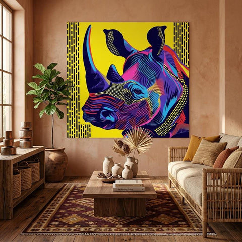 Serengeti Black Rhino Afro-Pop Art Aluminum Print | Bold Neon Wildlife | Modern African Decor Gift | Unique Metallic Wall Art