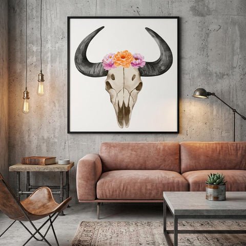 Hand-Painted Floral Bull Skull Aluminum Print | Western Boho Decor | Unique Wall Art Gift