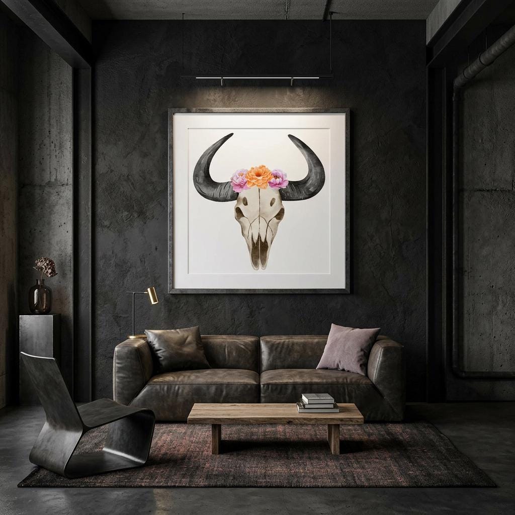 Hand-Painted Floral Bull Skull Aluminum Print | Western Boho Decor | Unique Wall Art Gift