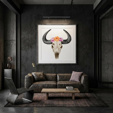 Hand-Painted Floral Bull Skull Aluminum Print | Western Boho Decor | Unique Wall Art Gift
