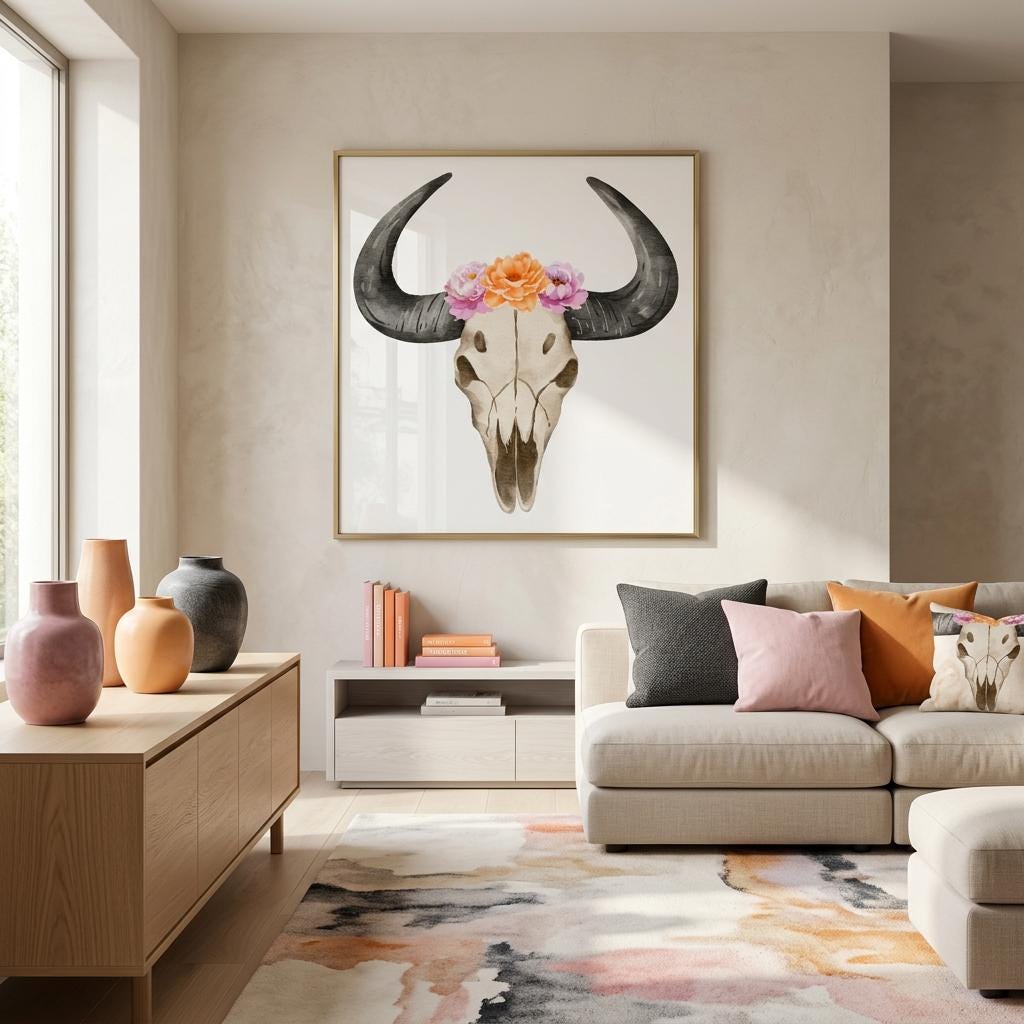 Hand-Painted Floral Bull Skull Aluminum Print | Western Boho Decor | Unique Wall Art Gift