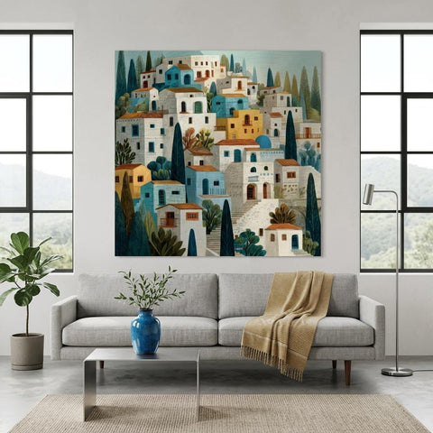 Santorini Aluminum Print - Coastal Hillside Village Art - Modern Greek Island Decor - Airy & Serene Wall Art Gift