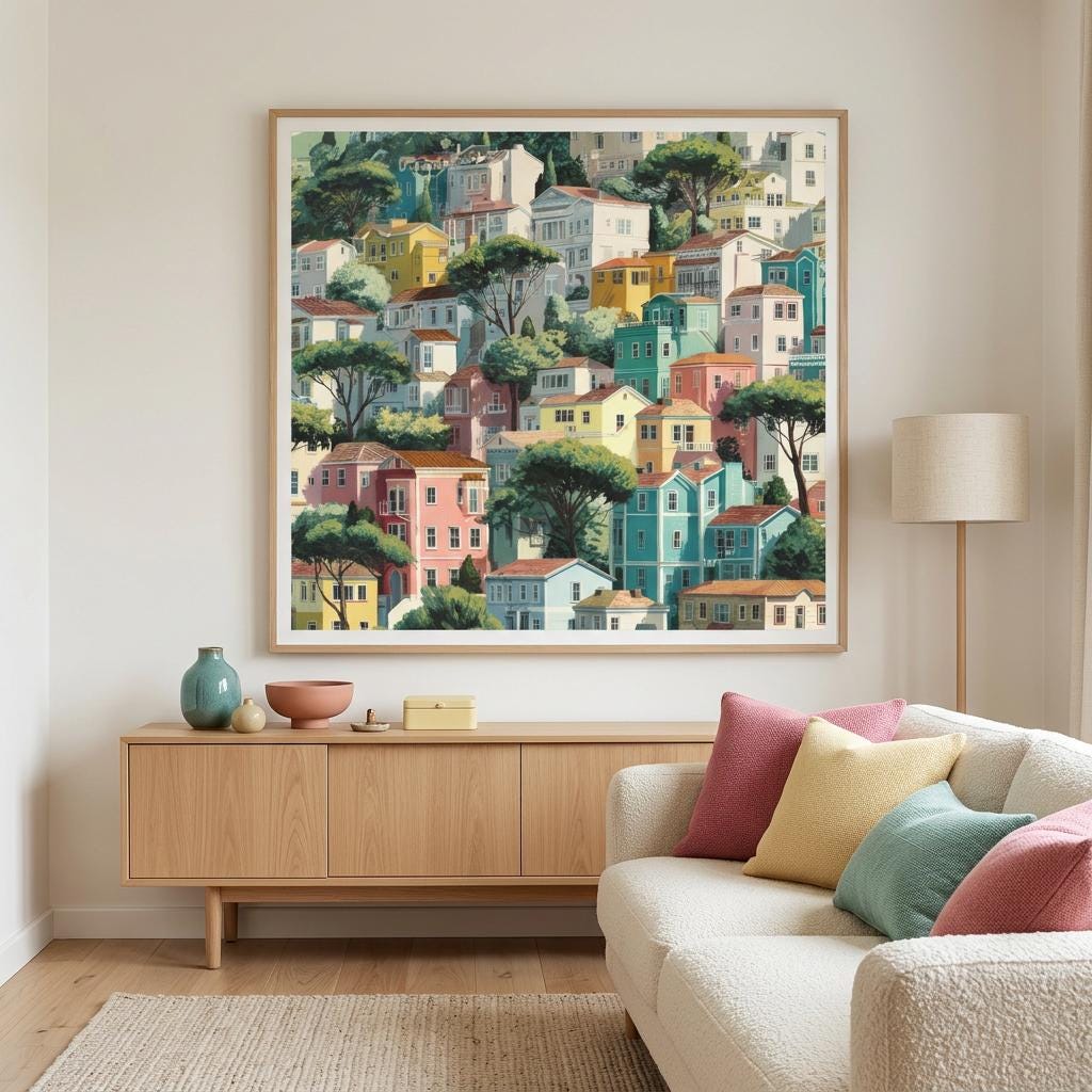 San Francisco - Folk Art Brushed Aluminum Print - Modern Cityscape Wall Art - Bright Hillside Homes Decor