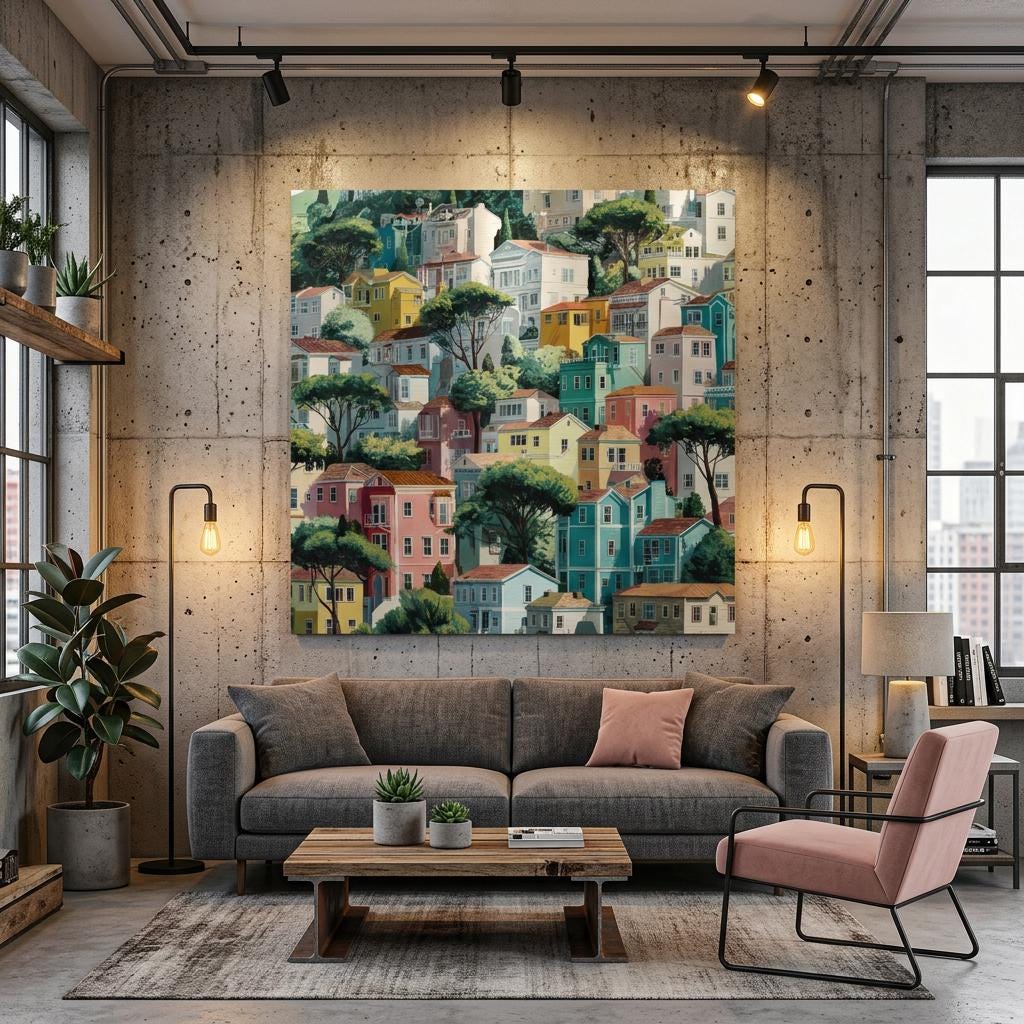 San Francisco - Folk Art Brushed Aluminum Print - Modern Cityscape Wall Art - Bright Hillside Homes Decor