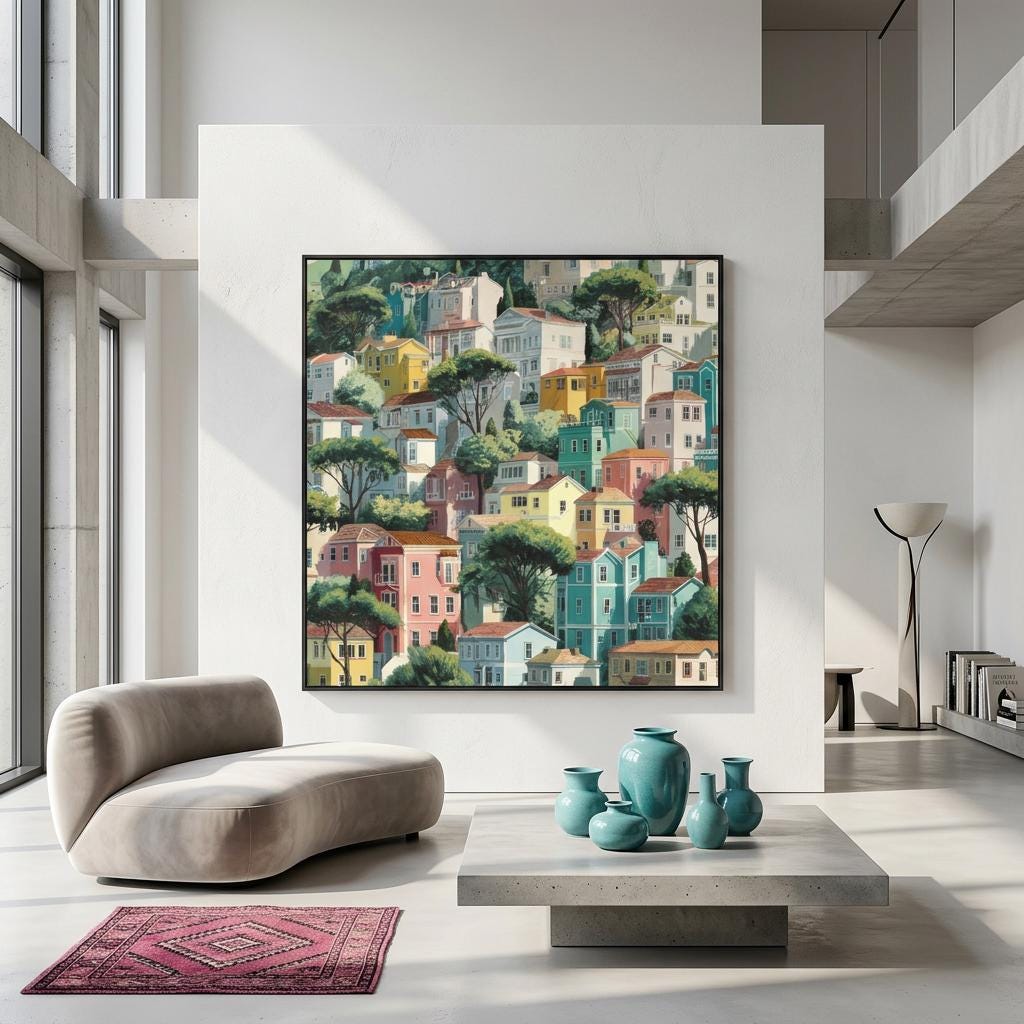San Francisco - Folk Art Brushed Aluminum Print - Modern Cityscape Wall Art - Bright Hillside Homes Decor