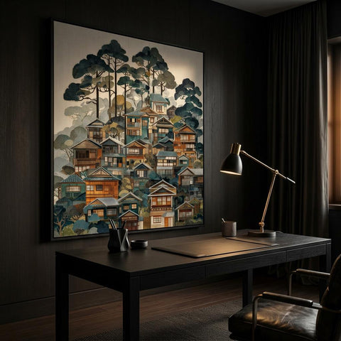 Kyoto Folk Art - Brushed Aluminum Print | Wooden Village Scene | Japanese Wall Art | Modern Home Decor Gift | Personalized Art