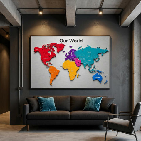 Our World - Color Edition 28×40 Panoramic Aluminum Map Brushed Aluminum Map Print - Modern Contemporary Wall Art, Silver Metallic Finish