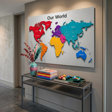 Our World - Color Edition 28×40 Panoramic Aluminum Map Brushed Aluminum Map Print - Modern Contemporary Wall Art, Silver Metallic Finish