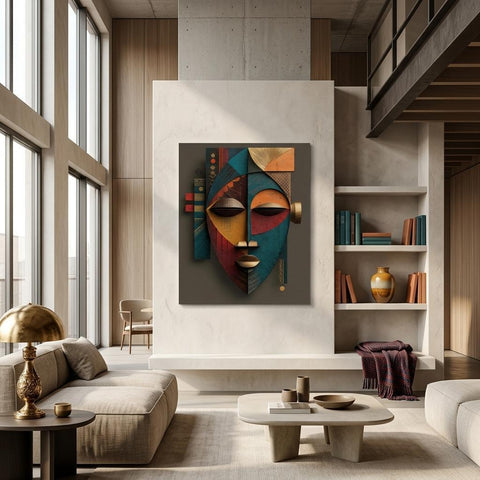 Etu Spirit Metal Wall Art – Modern Yoruba Mask Abstract Aluminum Print, Geometric Wall Decor, Contemporary Spiritual Home Decor Gift