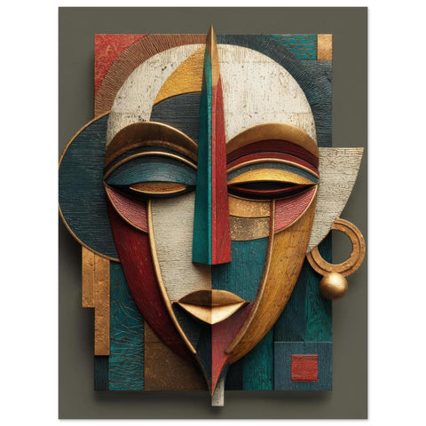 Ayo Rise Aluminum Print - Modern Yoruba Mask Wall Art, Minimalist African Decor, Joyful Spiritual Home Decor, Metallic Geometric Art Piece