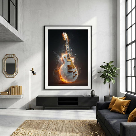 Blazing Strings - Aluminum Print | Fiery Guitar Art | Modern Industrial Home Decor | Unique Music Gift