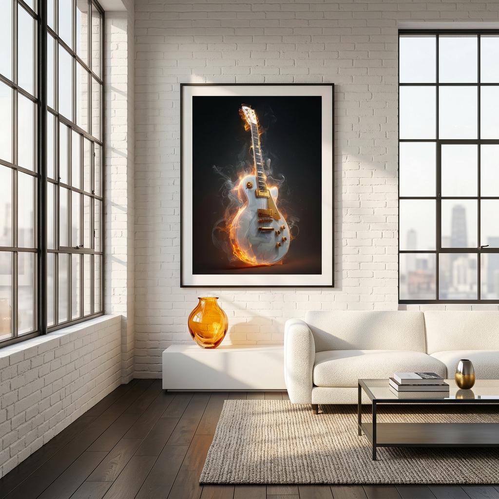 Blazing Strings - Aluminum Print | Fiery Guitar Art | Modern Industrial Home Decor | Unique Music Gift